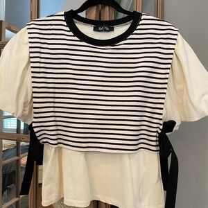 fab'rik Ivory and Black Striped Top w/Side Ties (Large)